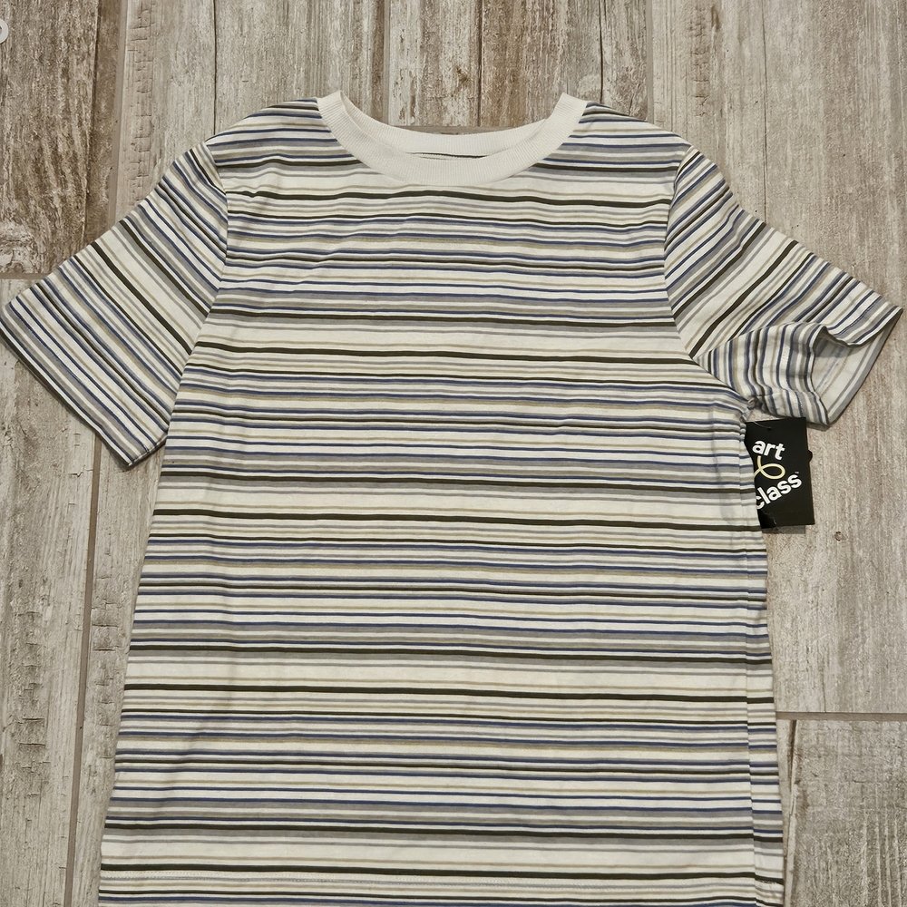 art class White Striped Short Sleeve Tee with Blue & Gray Lines